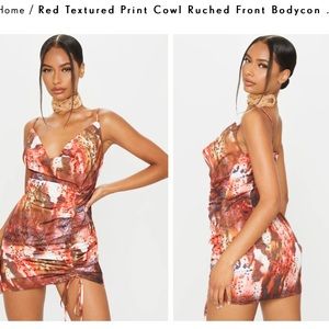 Red textured cowl neck body con dress